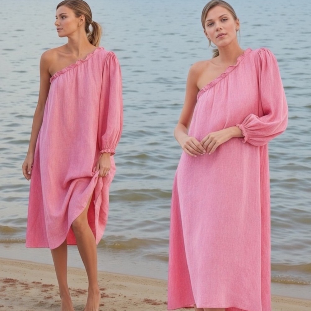 LAKE‎ Milly Pink 100% Linen One Shoulder Midi Dress Long Puff Sleeve Womens M - Picture 7 of 8